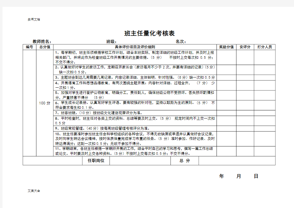 学校教师量化考核表