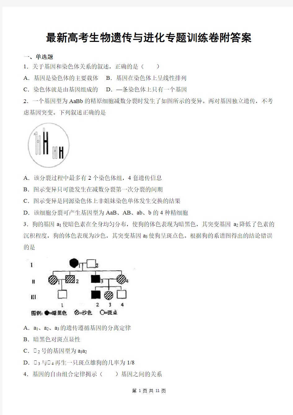 最新高考生物遗传与进化专题训练卷附答案