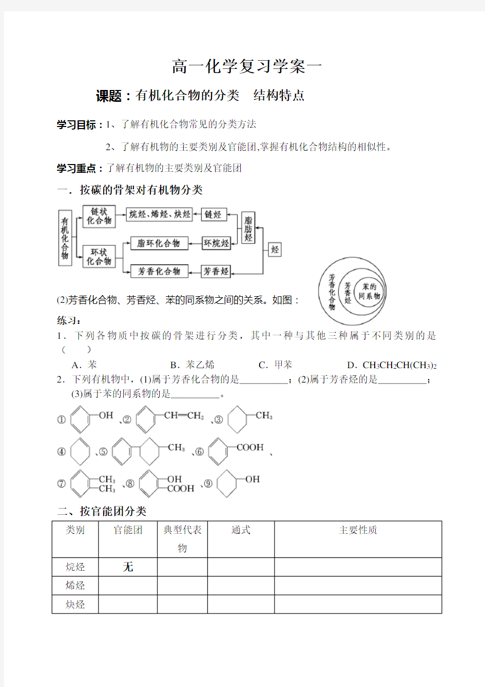 高一化学(有机化学)复习学案一