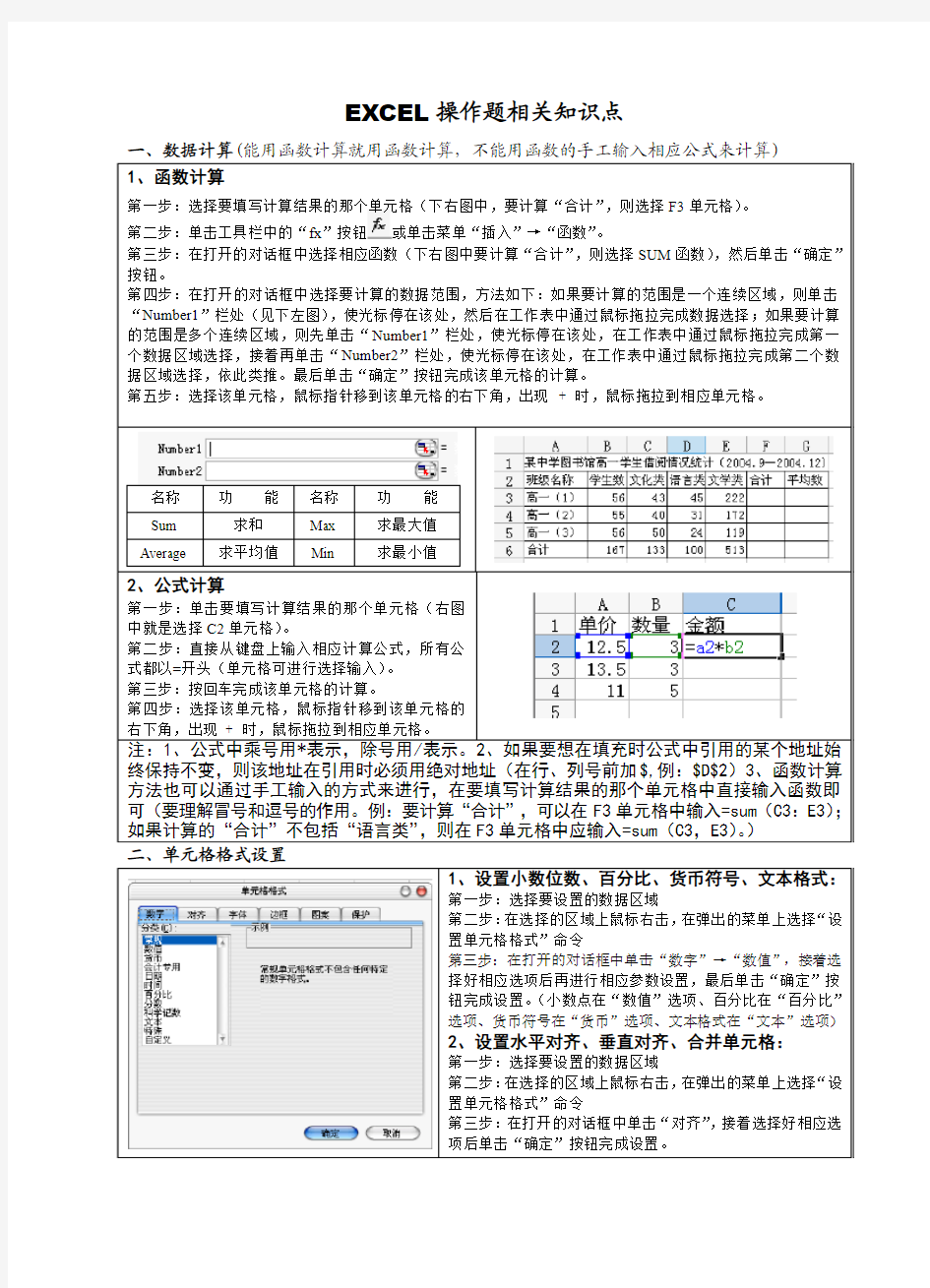 信息技术EXCEL操作题知识点