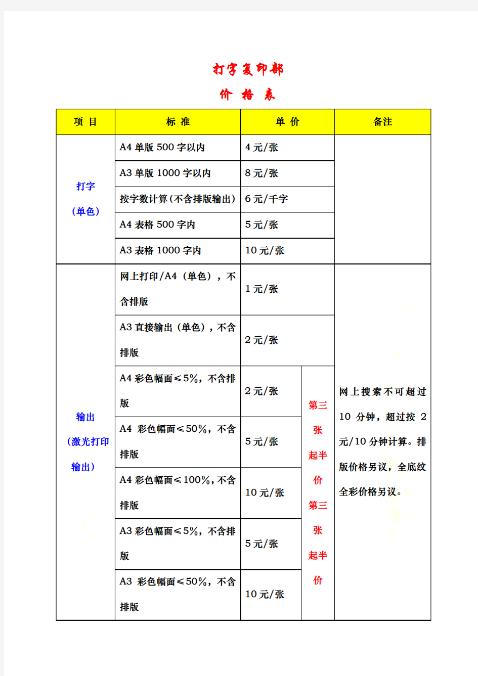 打字复印收费标准1