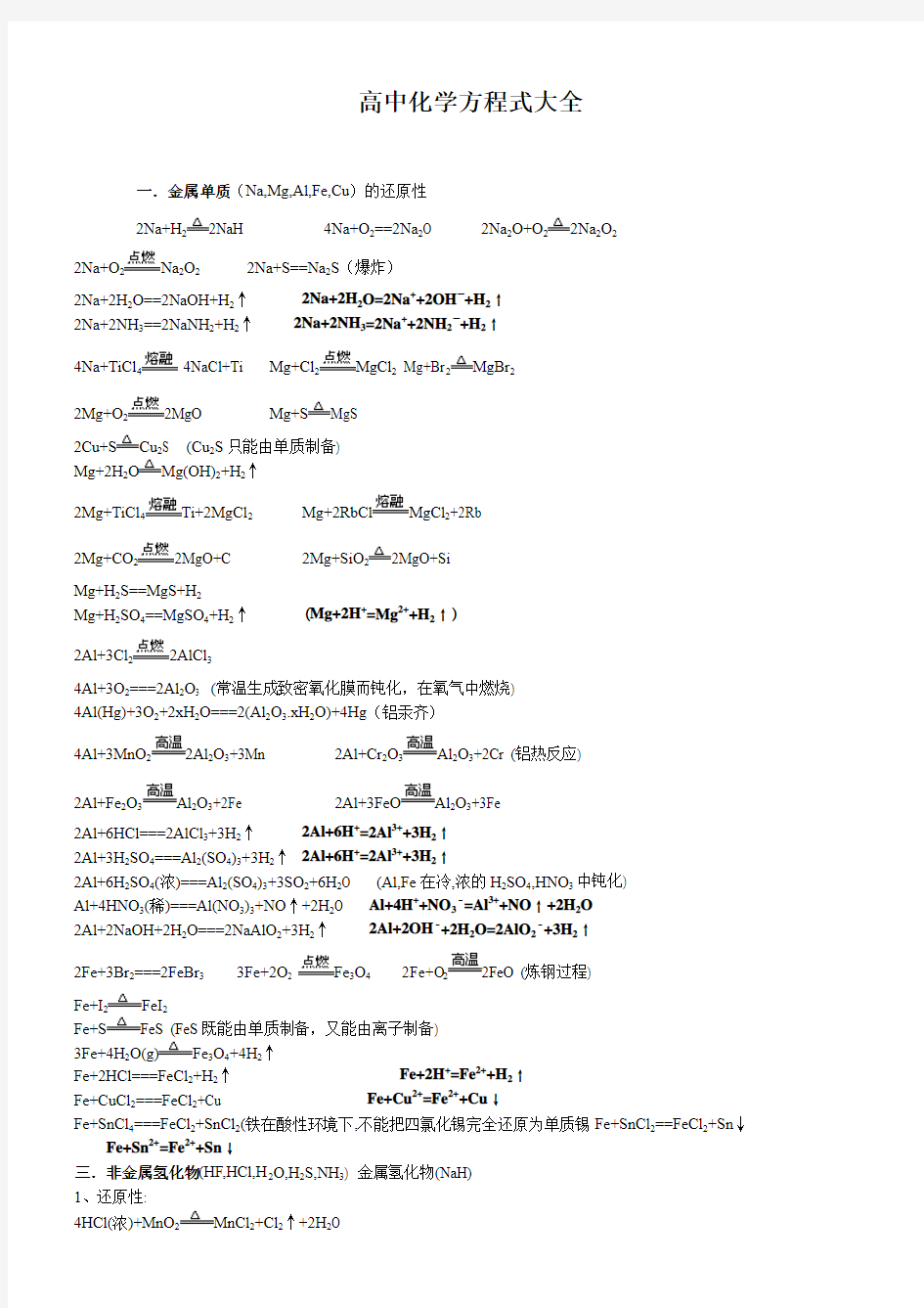 人教版高中化学方程式大全89763