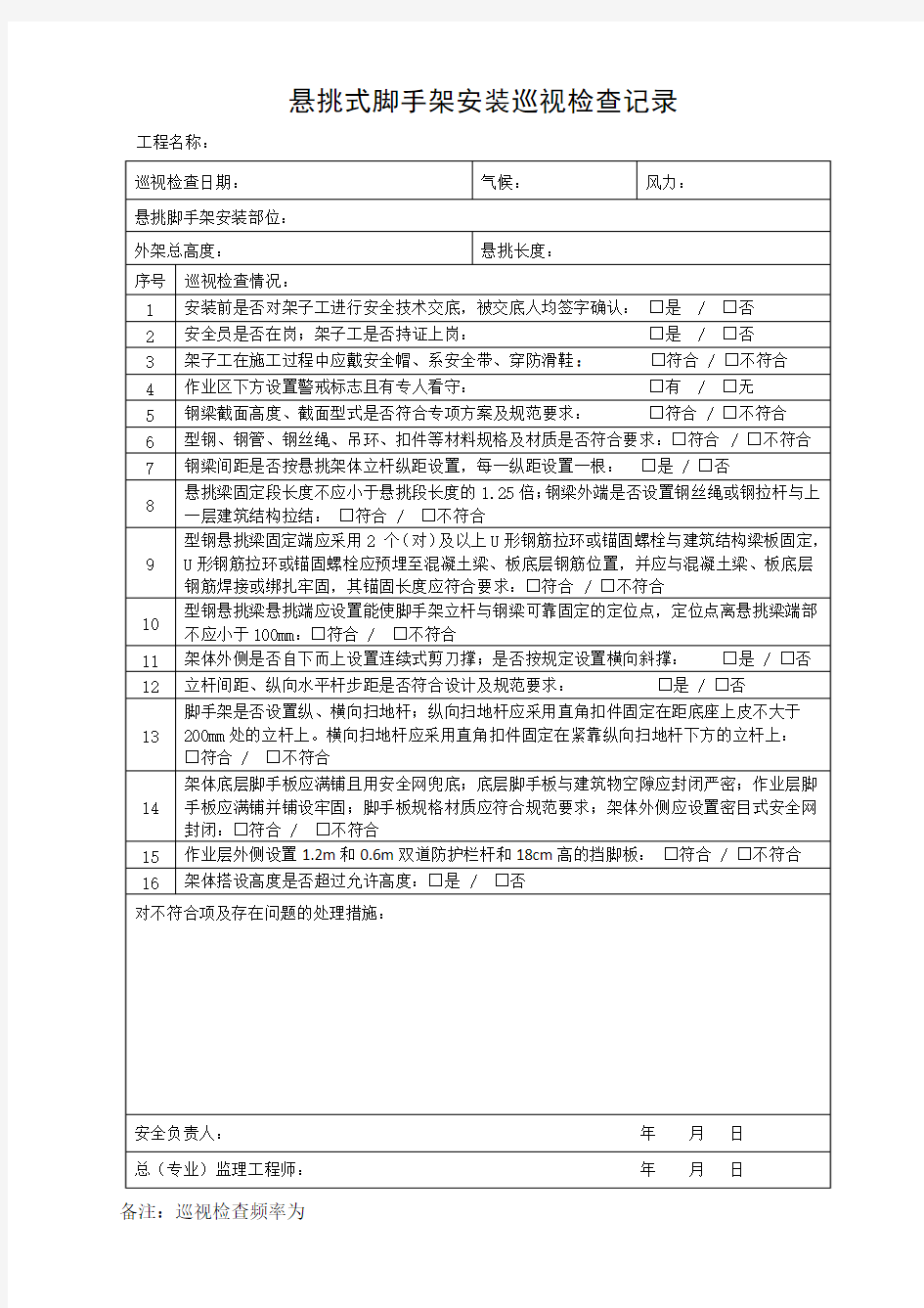 悬挑式脚手架安装巡视检查记录