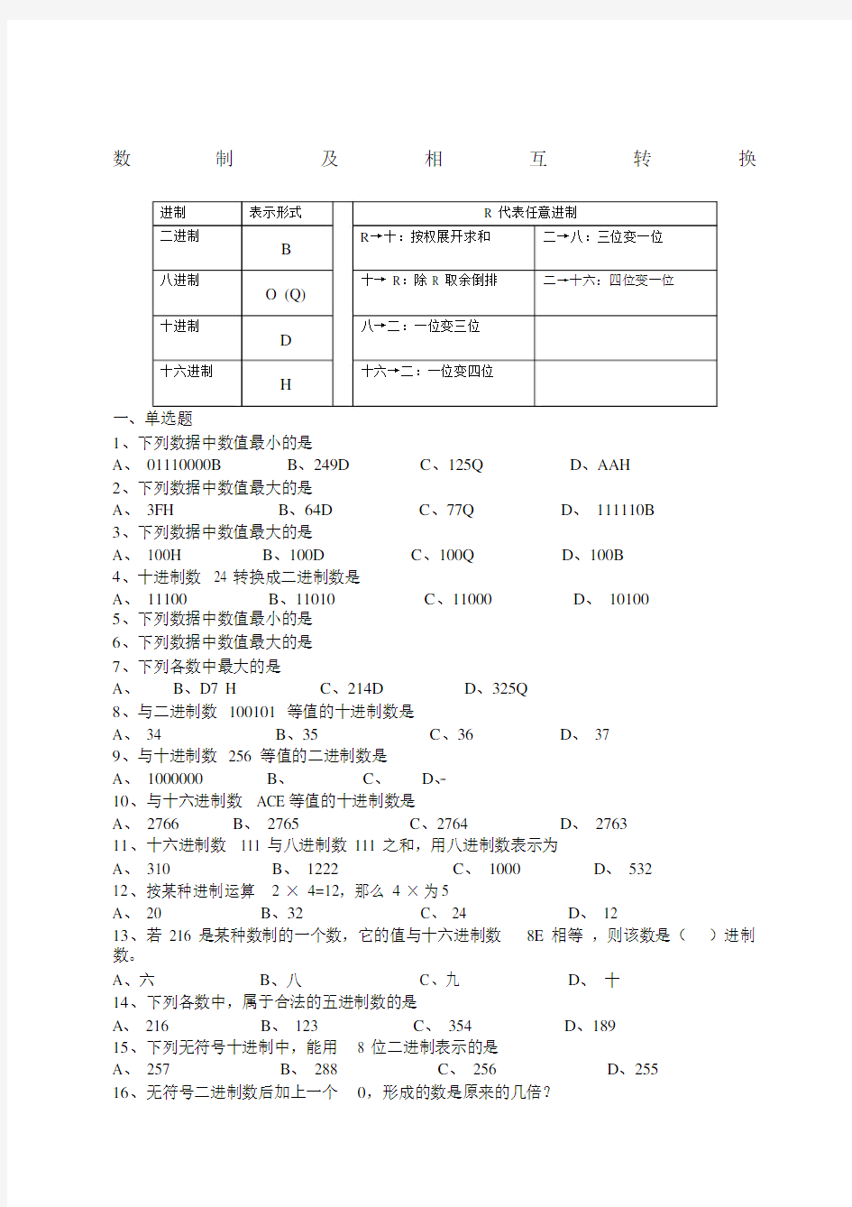 进制十进制八进制十六进制转换练习题.docx