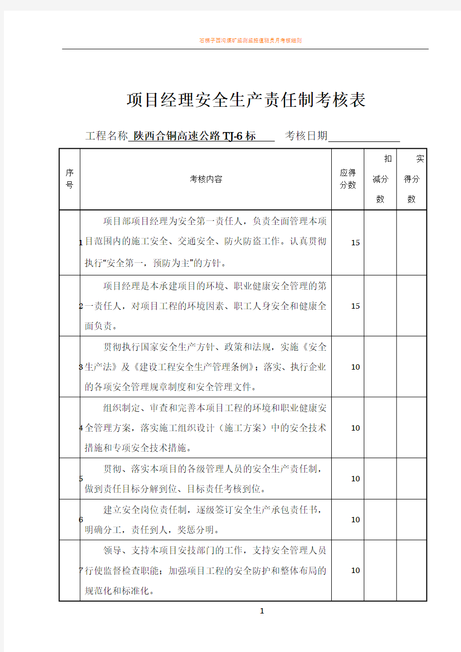 目标责任制考核表