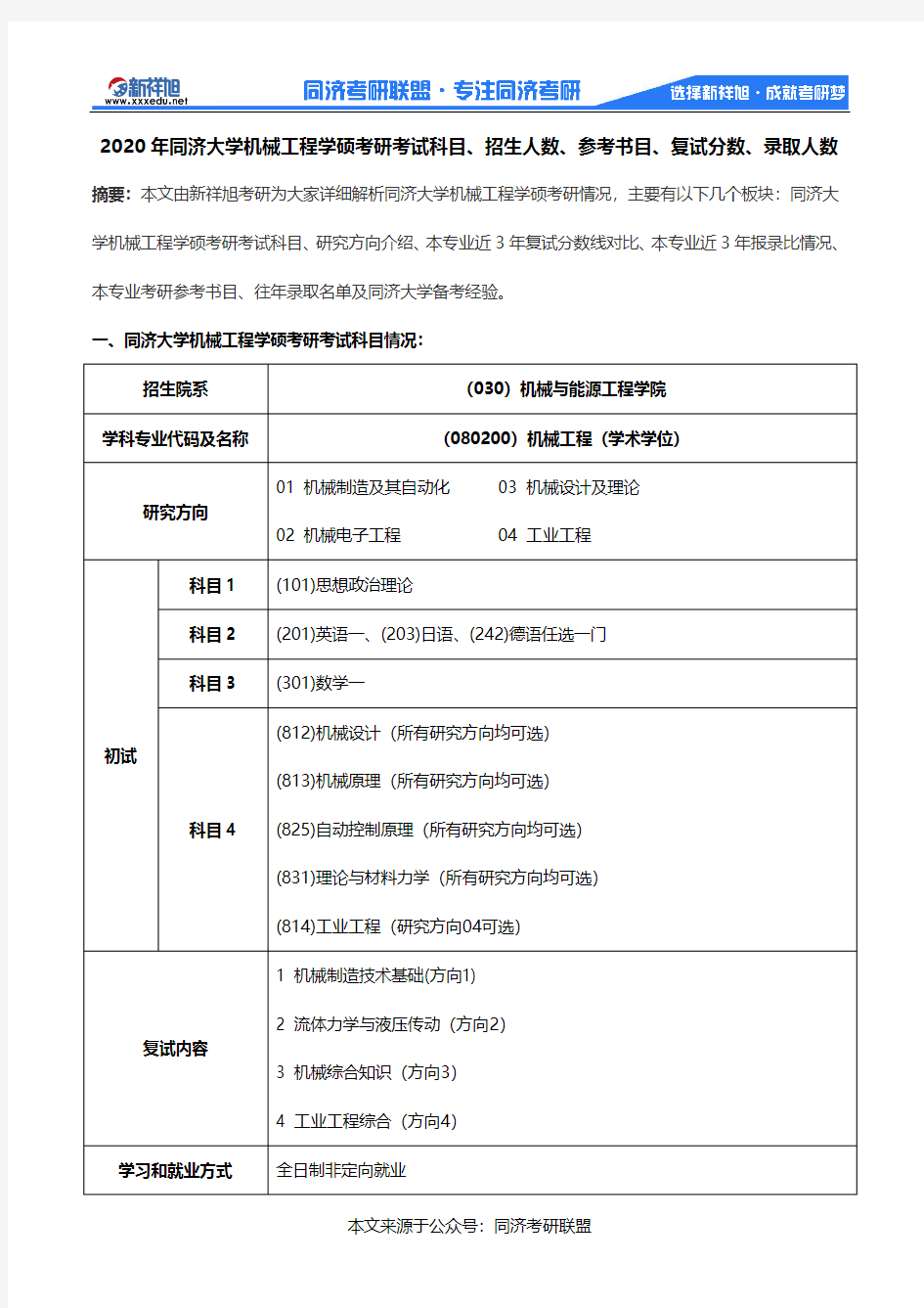 2020年同济大学机械工程学硕考研考试科目、招生人数、参考书目、复试分数、录取人数