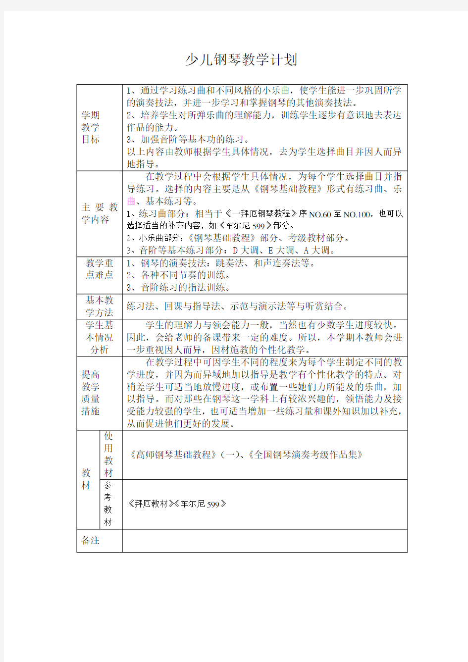 钢琴基础教学计划