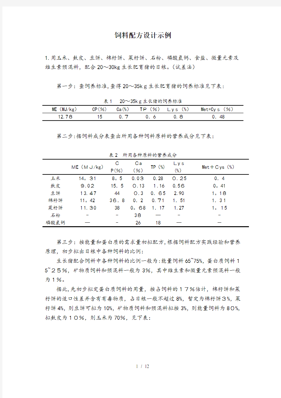 饲料配方设计示例