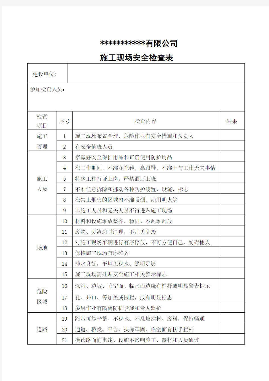 施工现场安全检查表