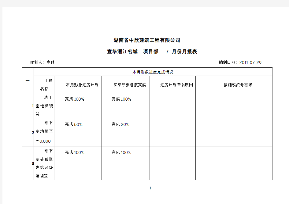 工程项目月报表模板