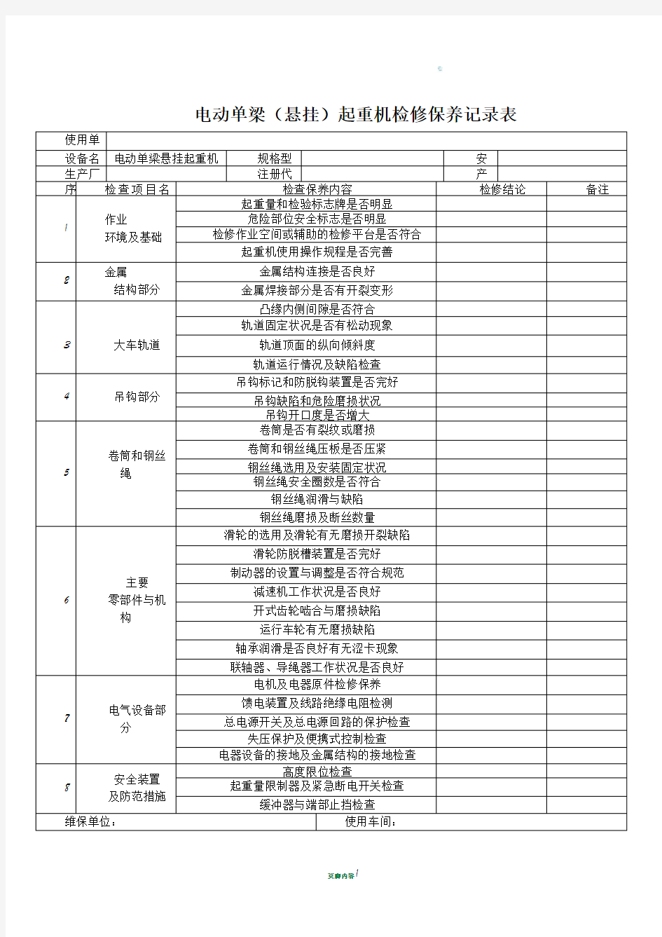 电动单梁桥式起重机起重机械检查维护记录表