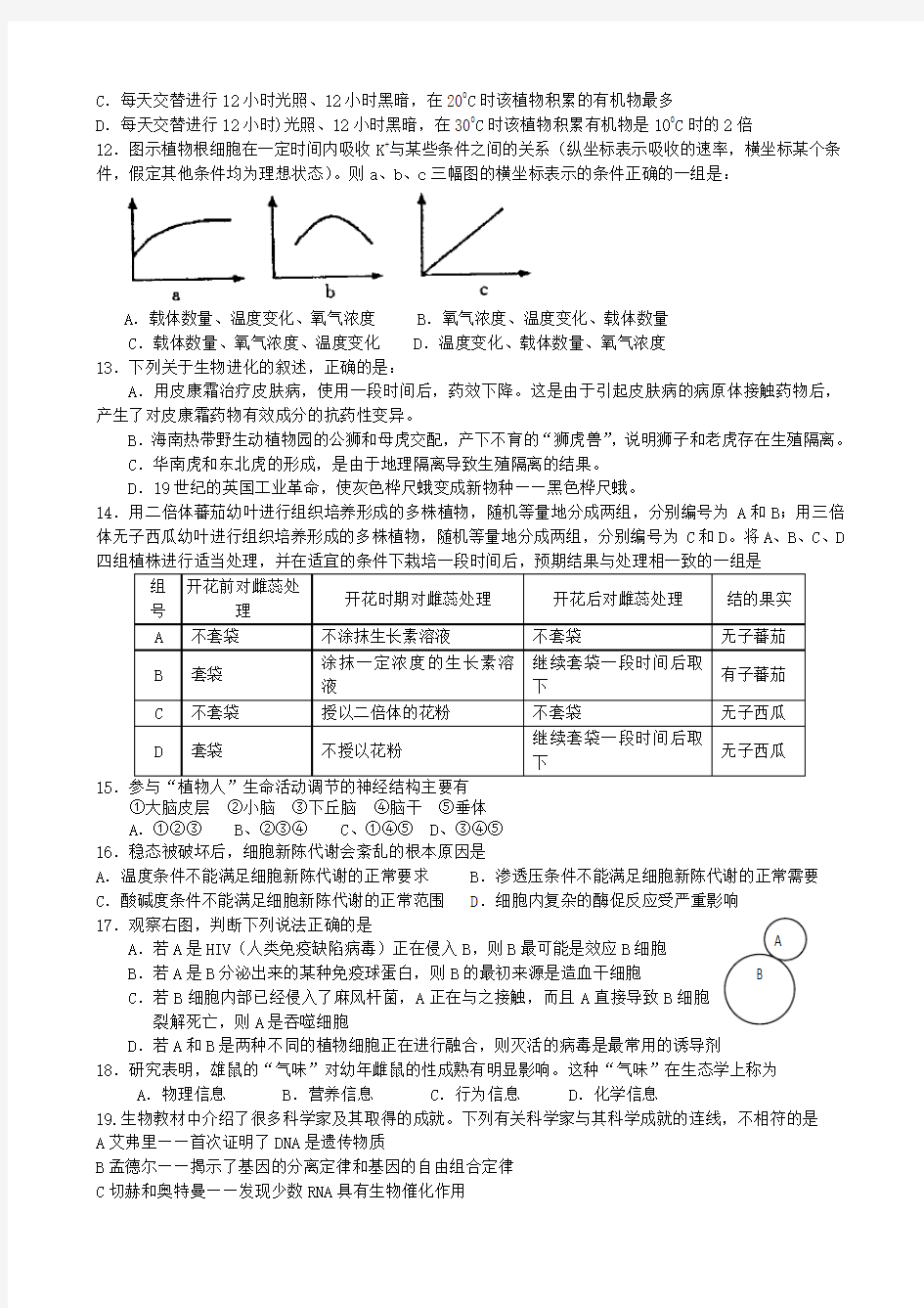 2020-2021学年高三上期期末考试试题及答案(生物)