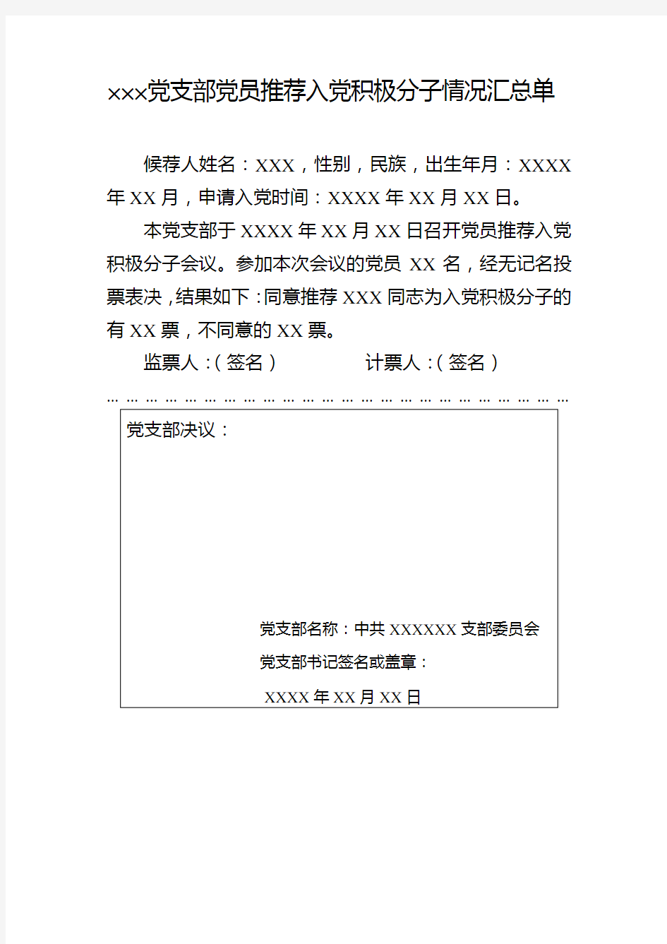 党支部党员推荐入党积极分子情况汇总单