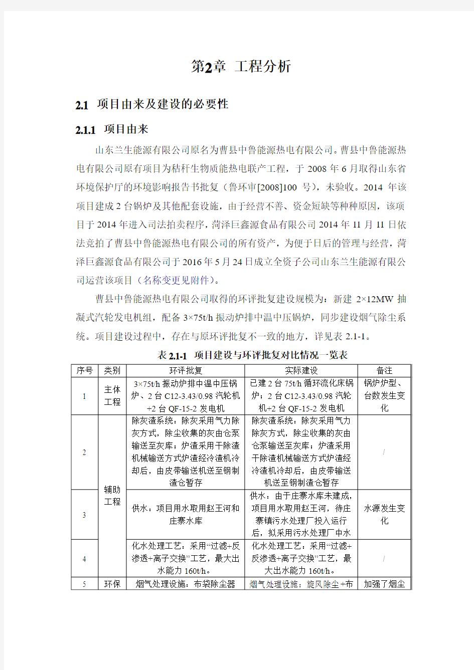 山东兰生能源有限公司生物质热电联产工程工程分析环评报告