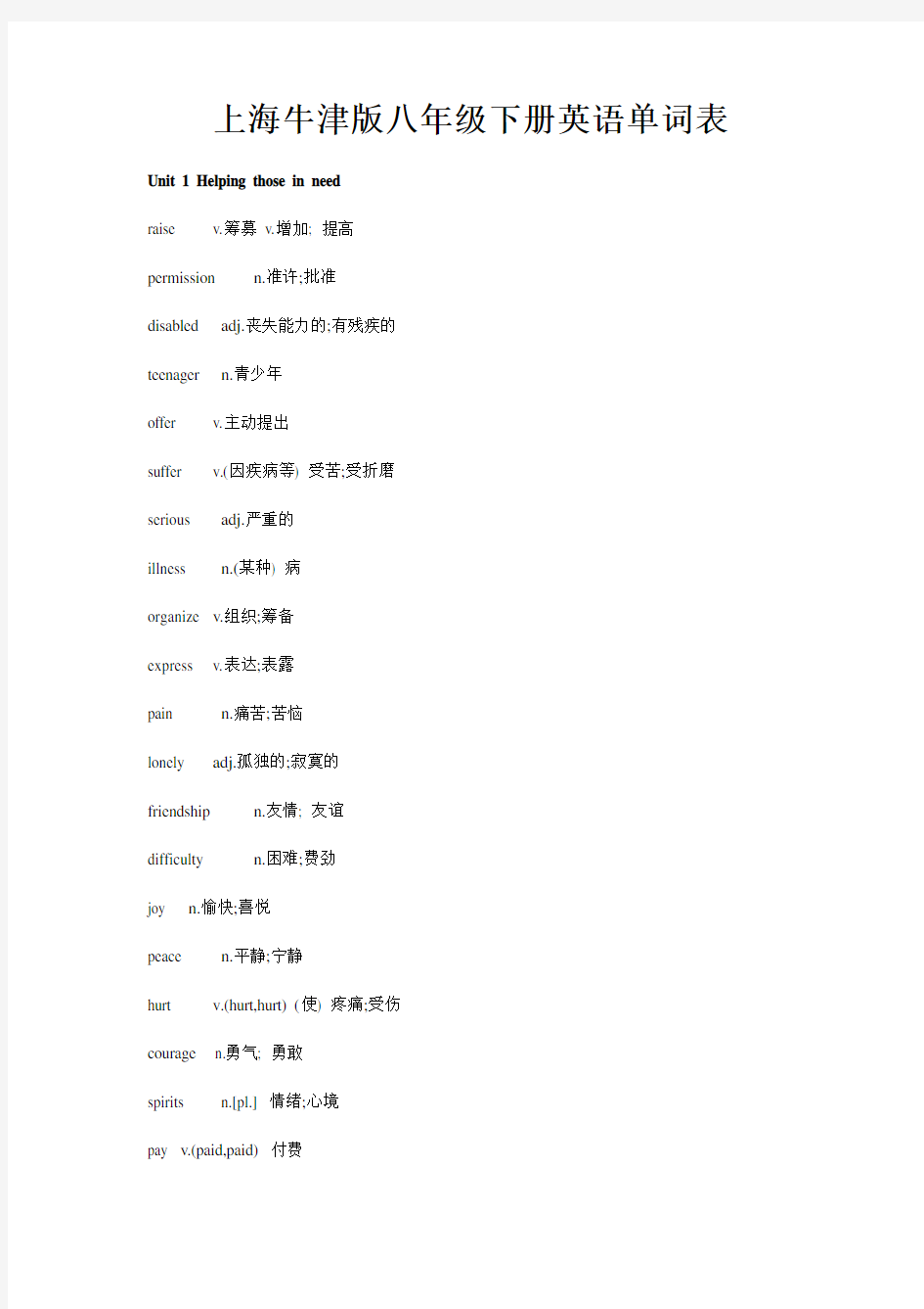 上海牛津版八年级下册英语单词表