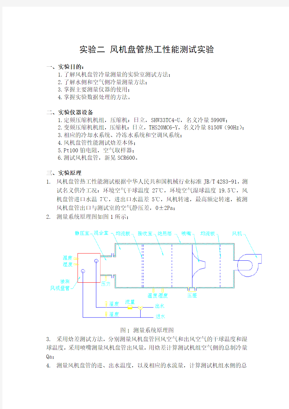 实验二风机盘管热工性能测试实验 一、实验目的： 1.了解风机盘管冷量 ...