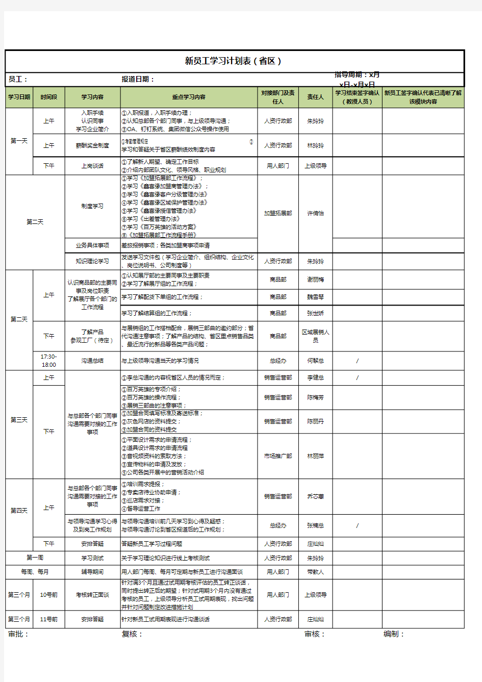 新员工学习计划表