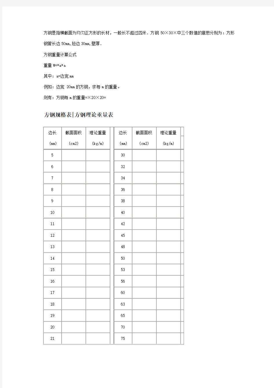 方钢理论重量计算式及重量表