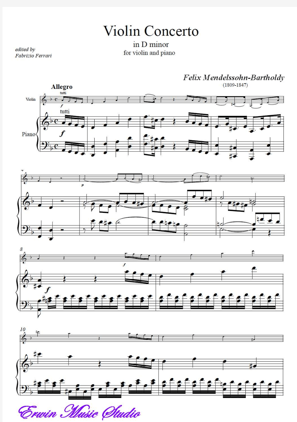 Piano 费利克斯·门德尔松《D小调小提琴协奏曲》小提琴曲谱+钢琴伴奏曲谱 Felix Mendelssohn, C