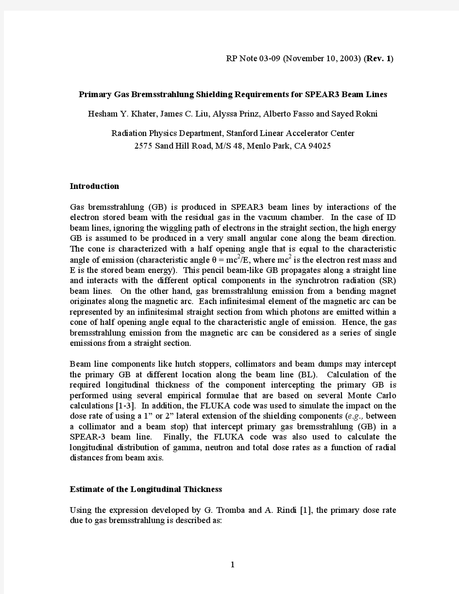 Primary Gas Bremsstrahlung Shielding Requirements for SPEAR3 Beam Lines