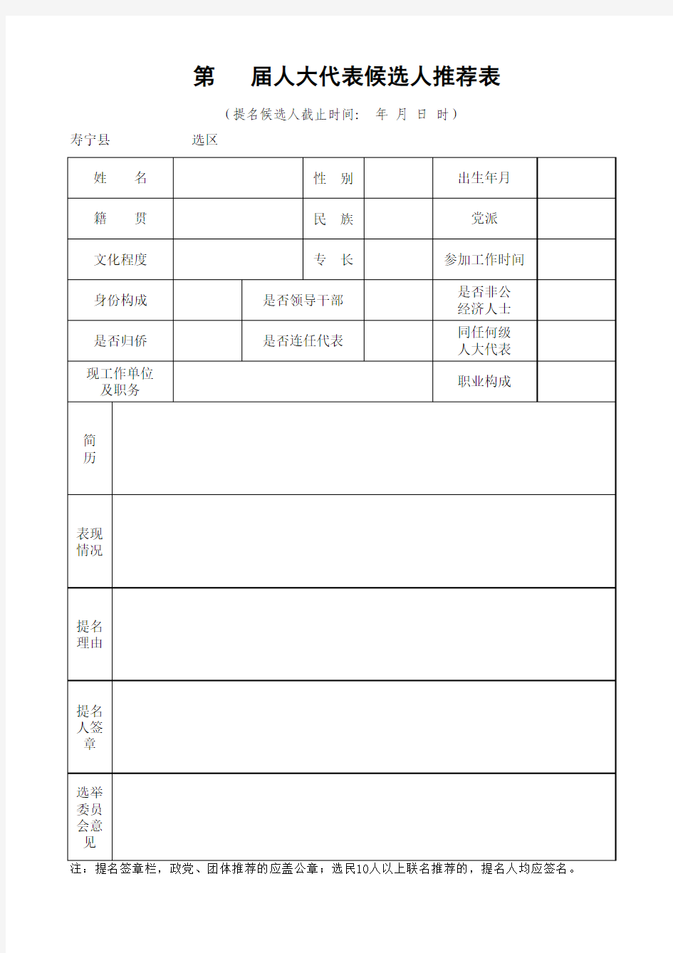 第  届人大代表候选人推荐表