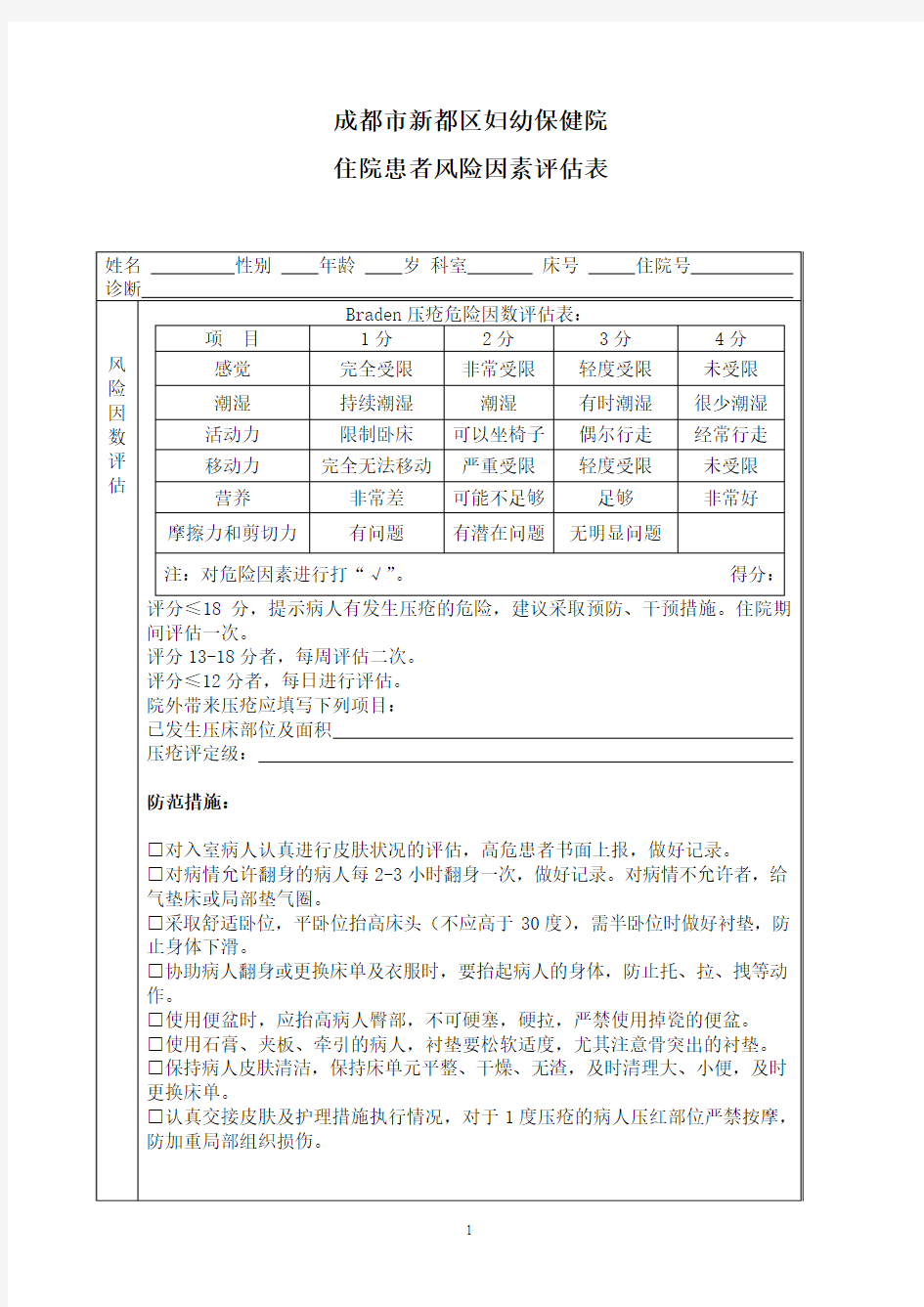 入院病人风险评估表