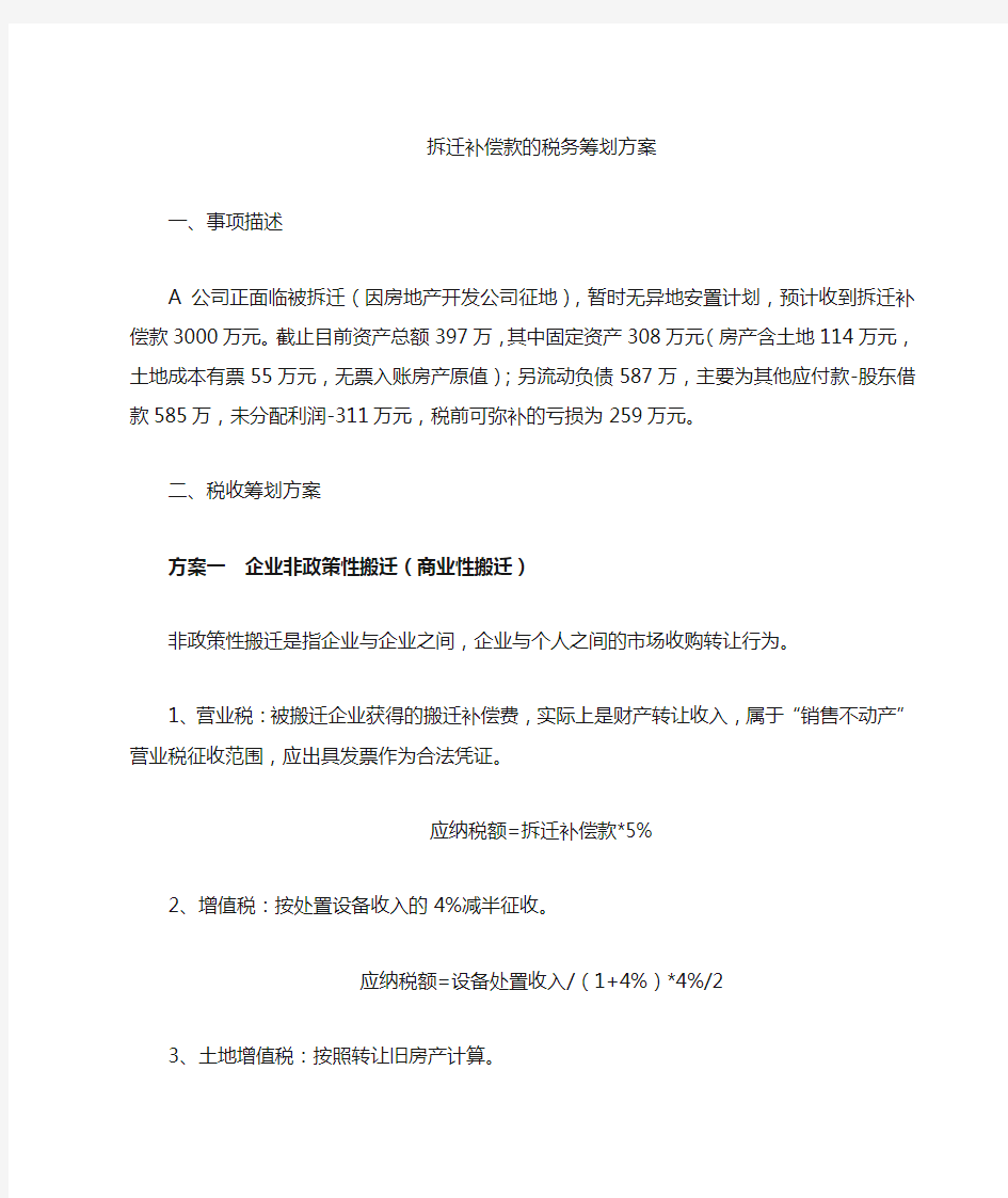 搬迁补偿费税收筹划