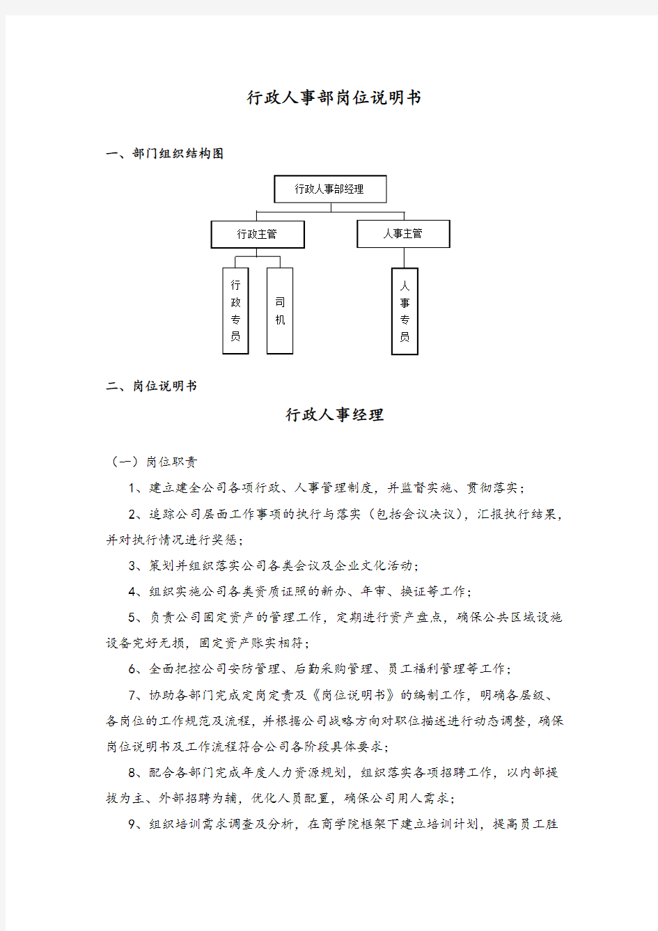 人事部岗位说明书