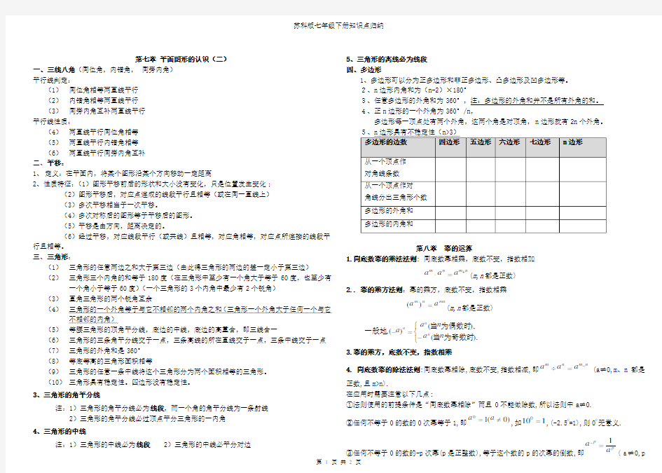 苏科版七年级数学下册期末总复习各章节知识点整理 免费