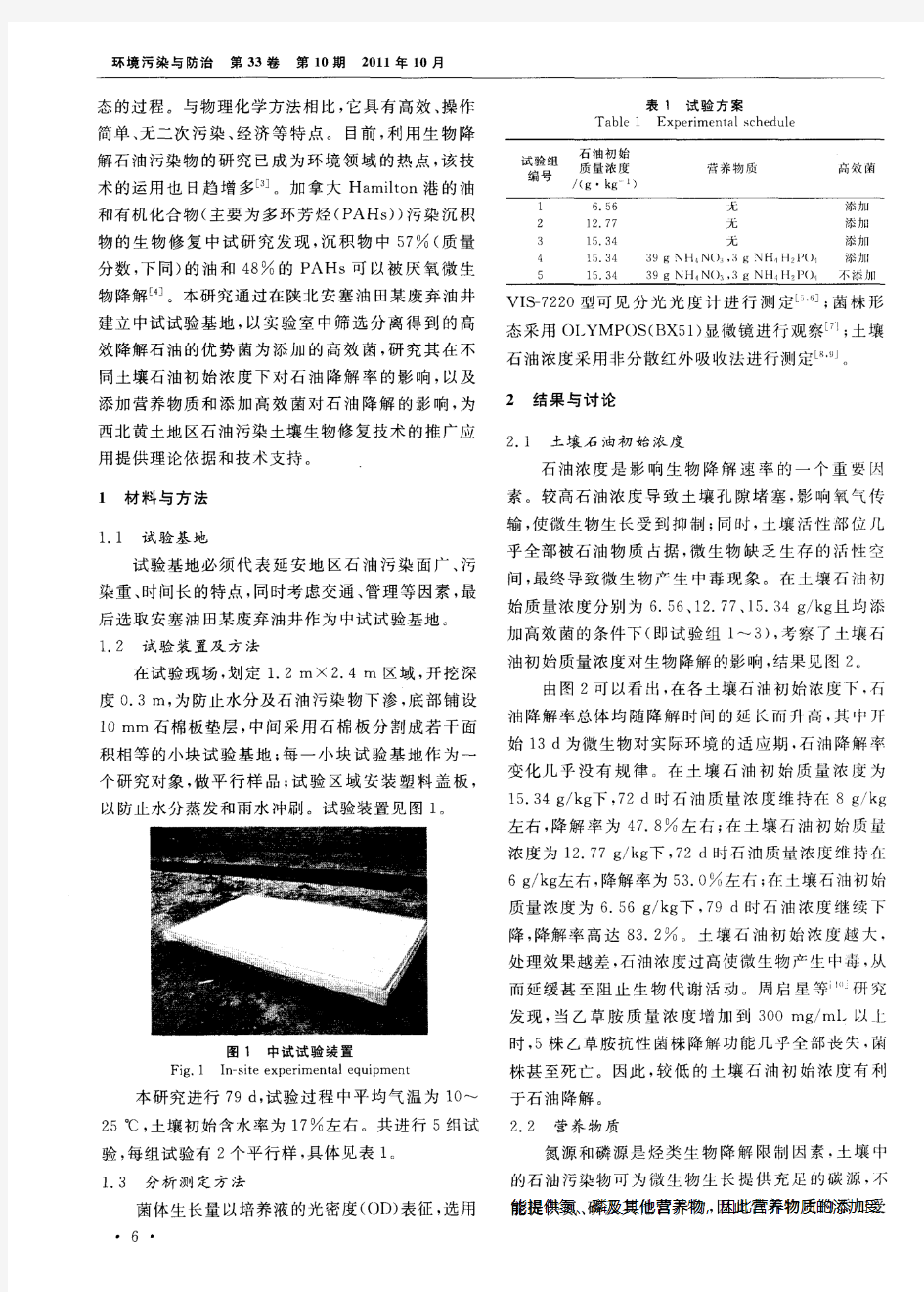 西北黄土地区现场石油污染土壤生物修复研究