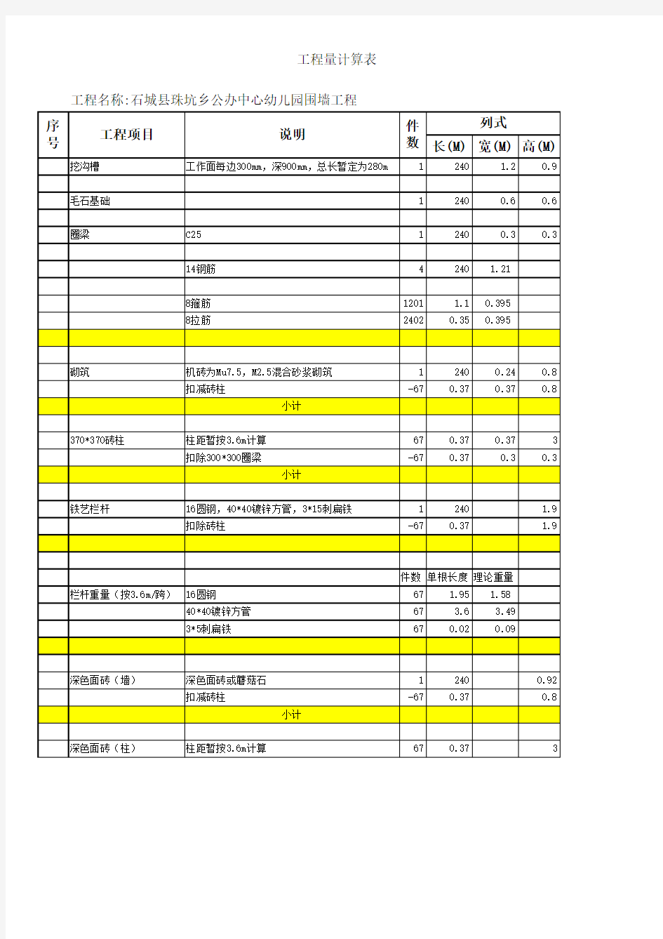 围墙工程量计算表