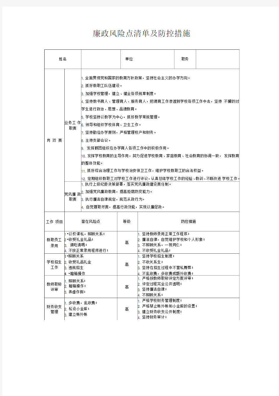 高中学校廉政风险点清单及防控措施