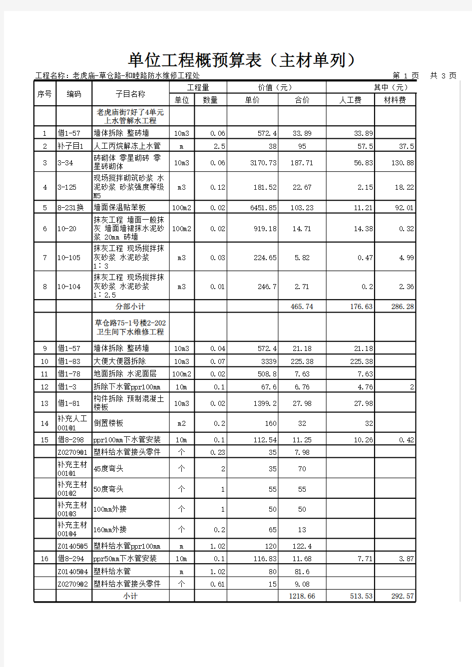 房屋修缮工程--单位工程概预算表(主材单列)