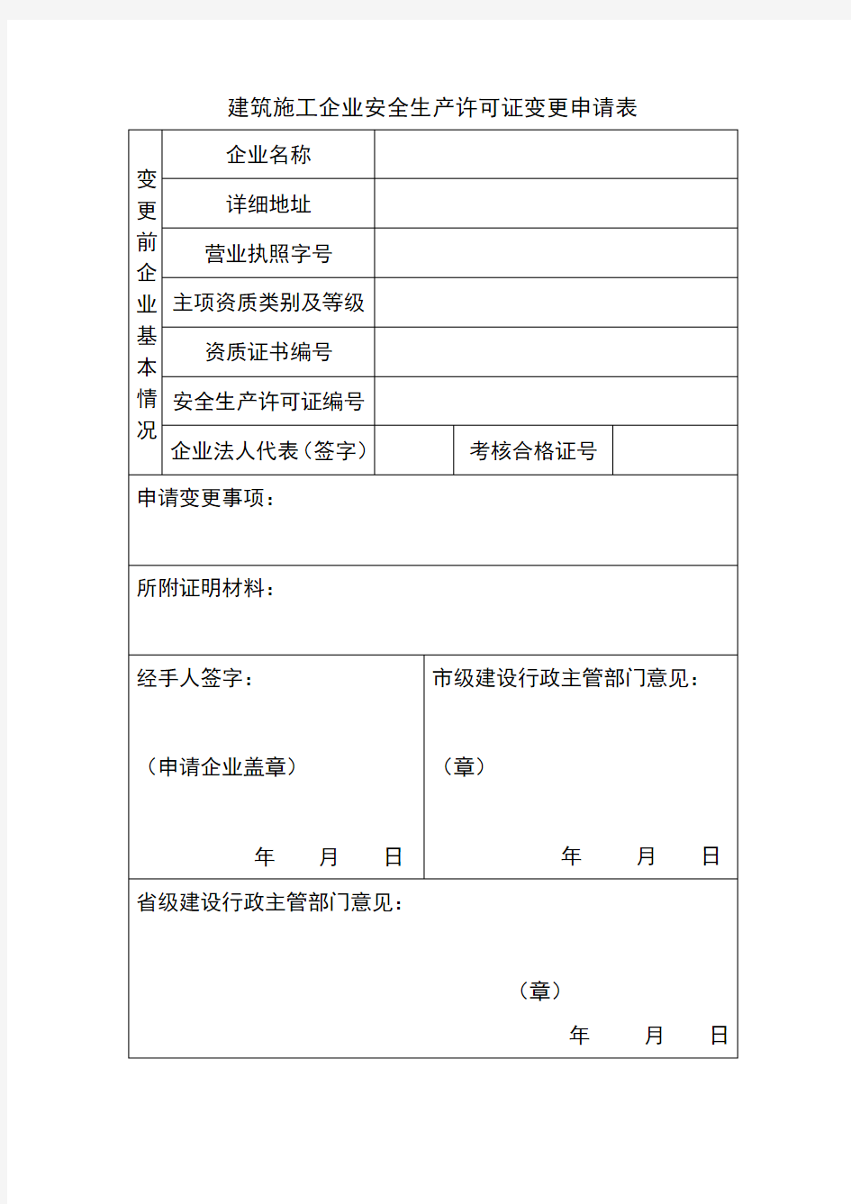 建筑施工企业安全生产许可证变更申请表