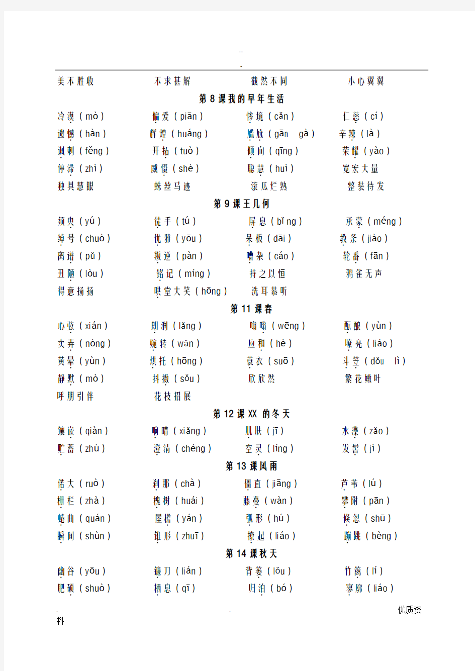 人教版初中语文全册字词