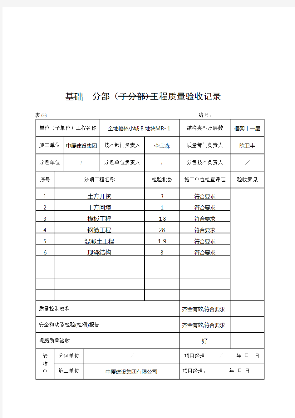 工程质量验收记录汇总表