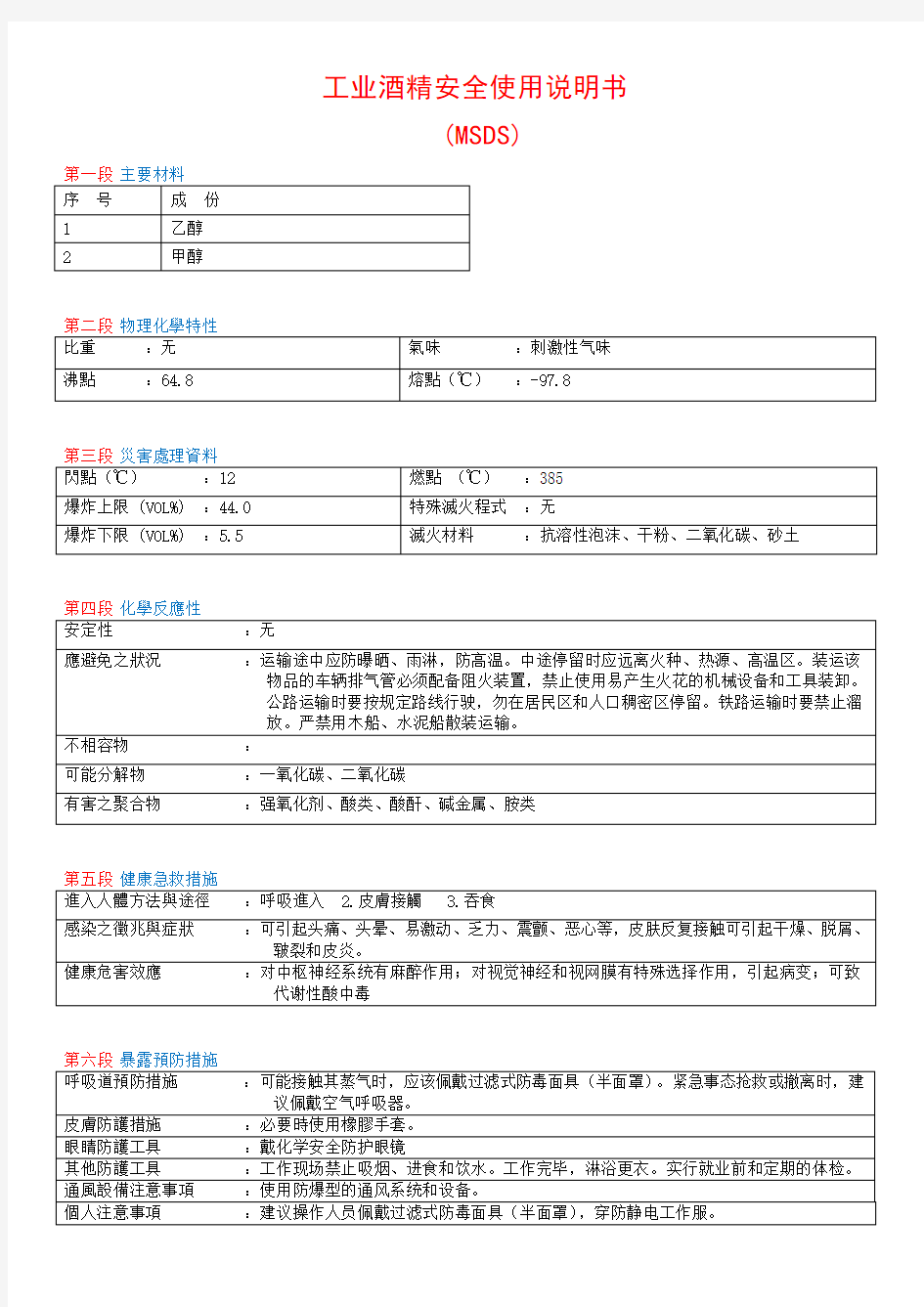 工业酒精安全说明书(MSDS)