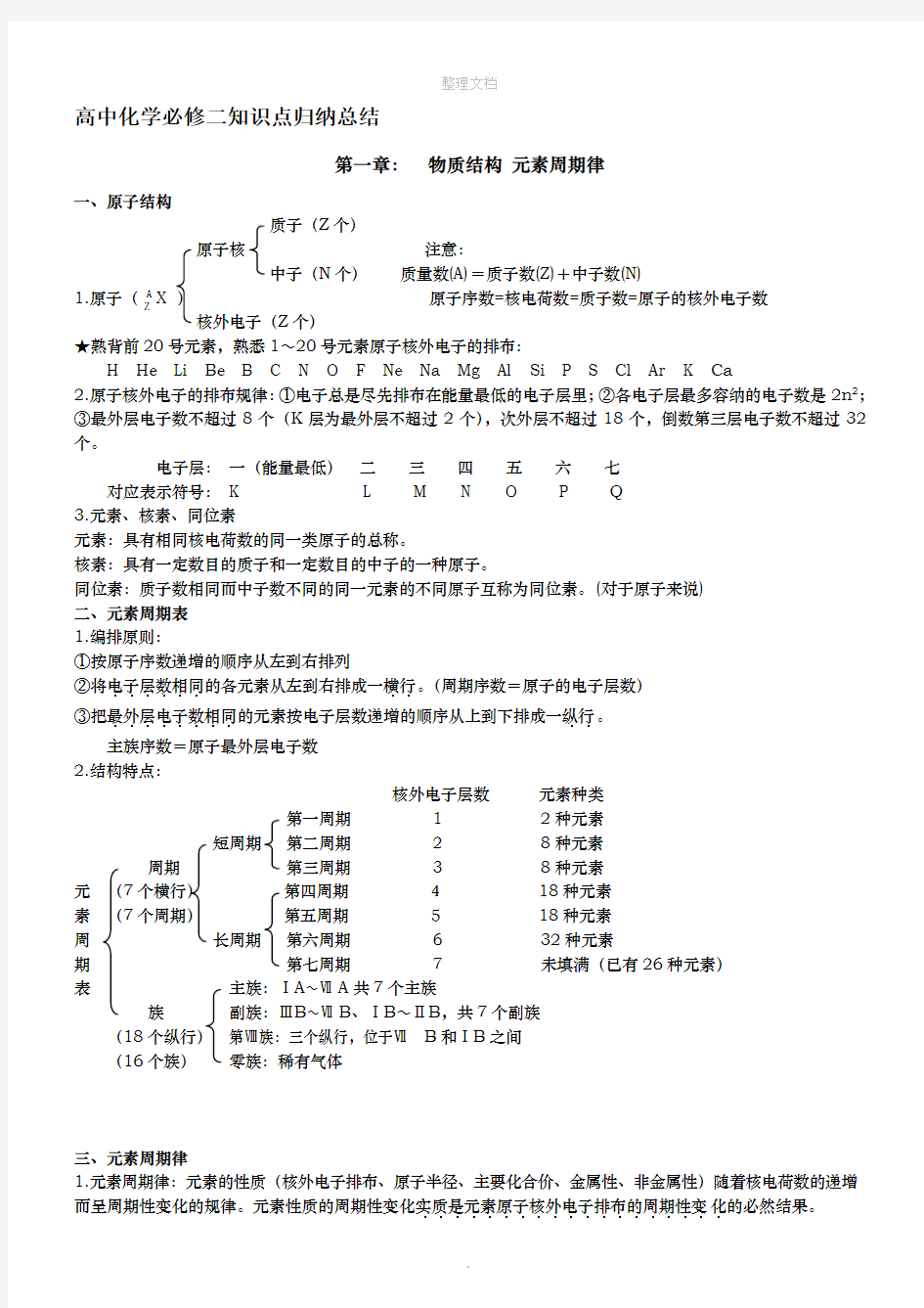 高中化学必修二知识点归纳总结