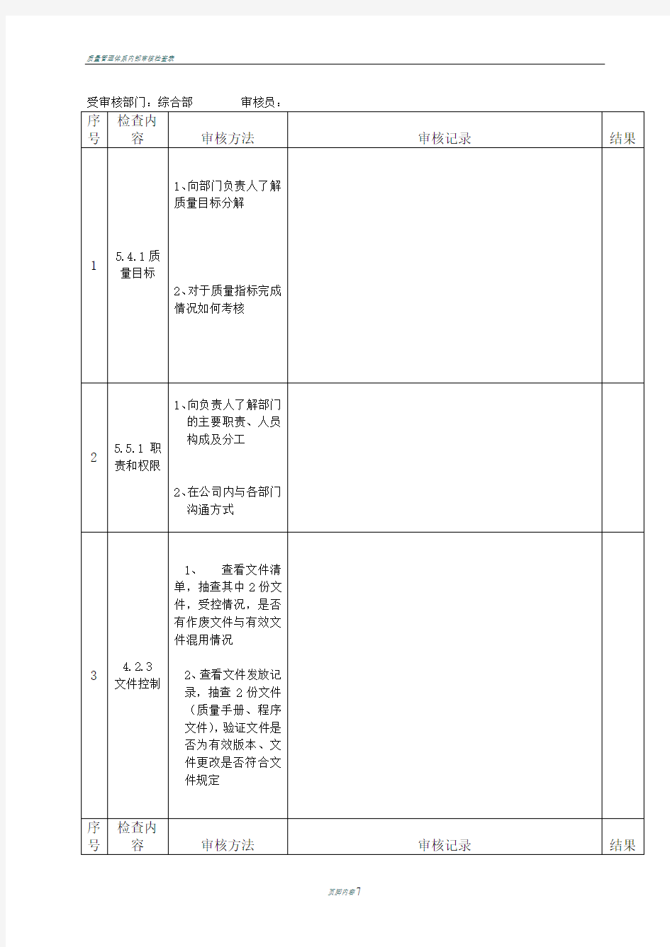 内审检查表(综合部、安全环保部、人力资源部)