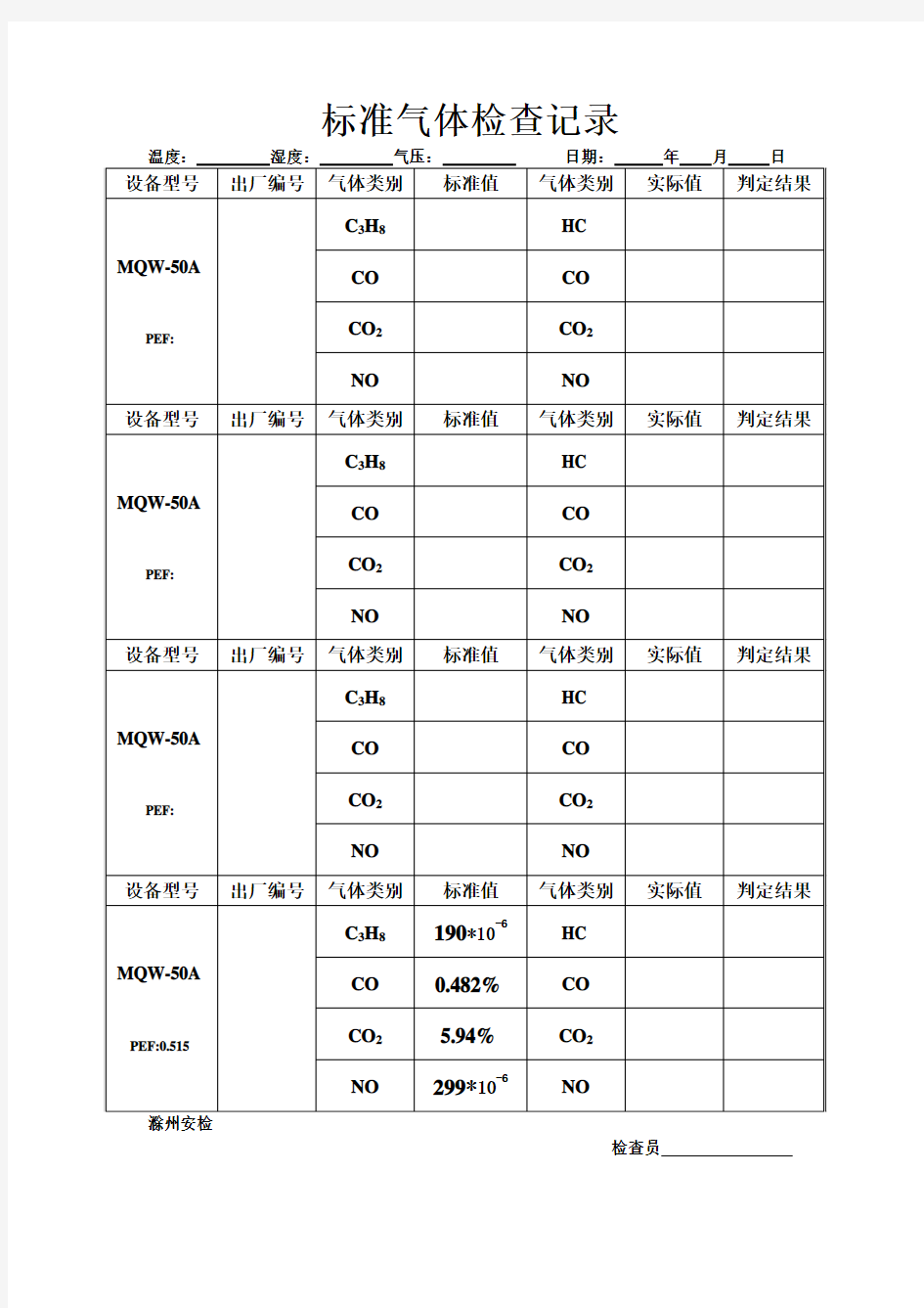 标准气体检查记录表