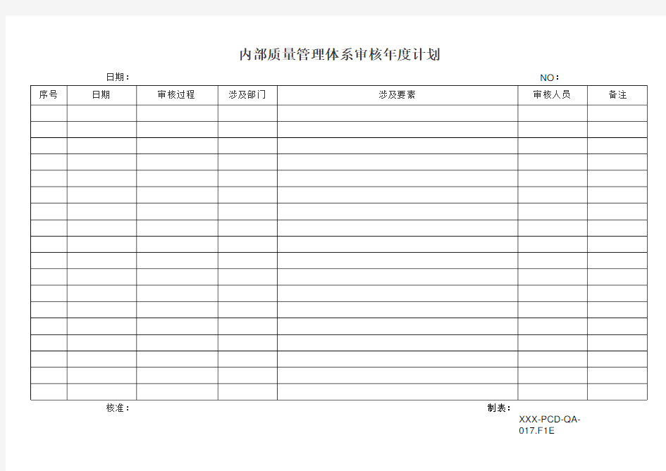 内部质量管理体系审核年度计划