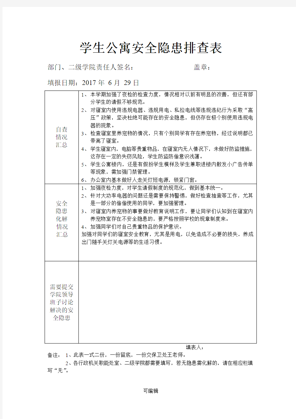 学生公寓安全隐患排查表