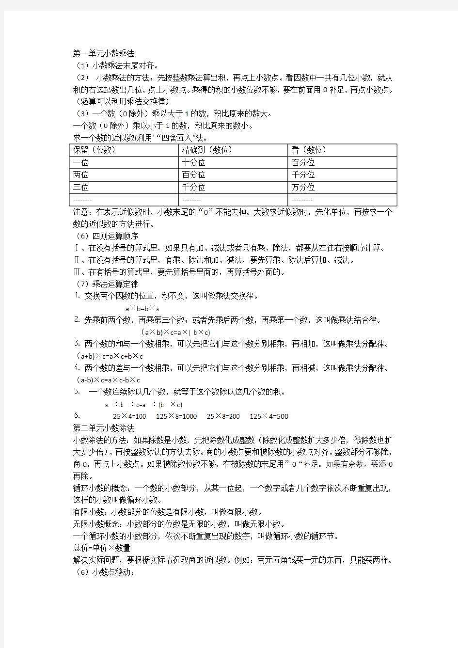 人教版五年级数学上册笔记整理