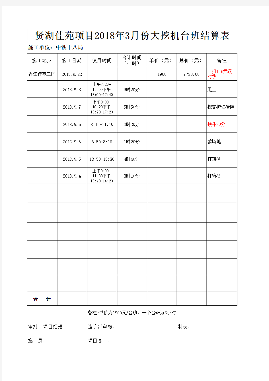 人工台班登记表