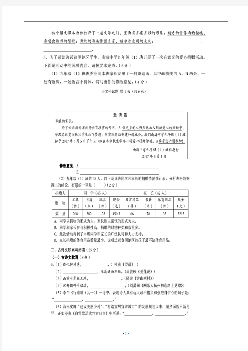 海南省2017年中考语文试题及答案(图片版)