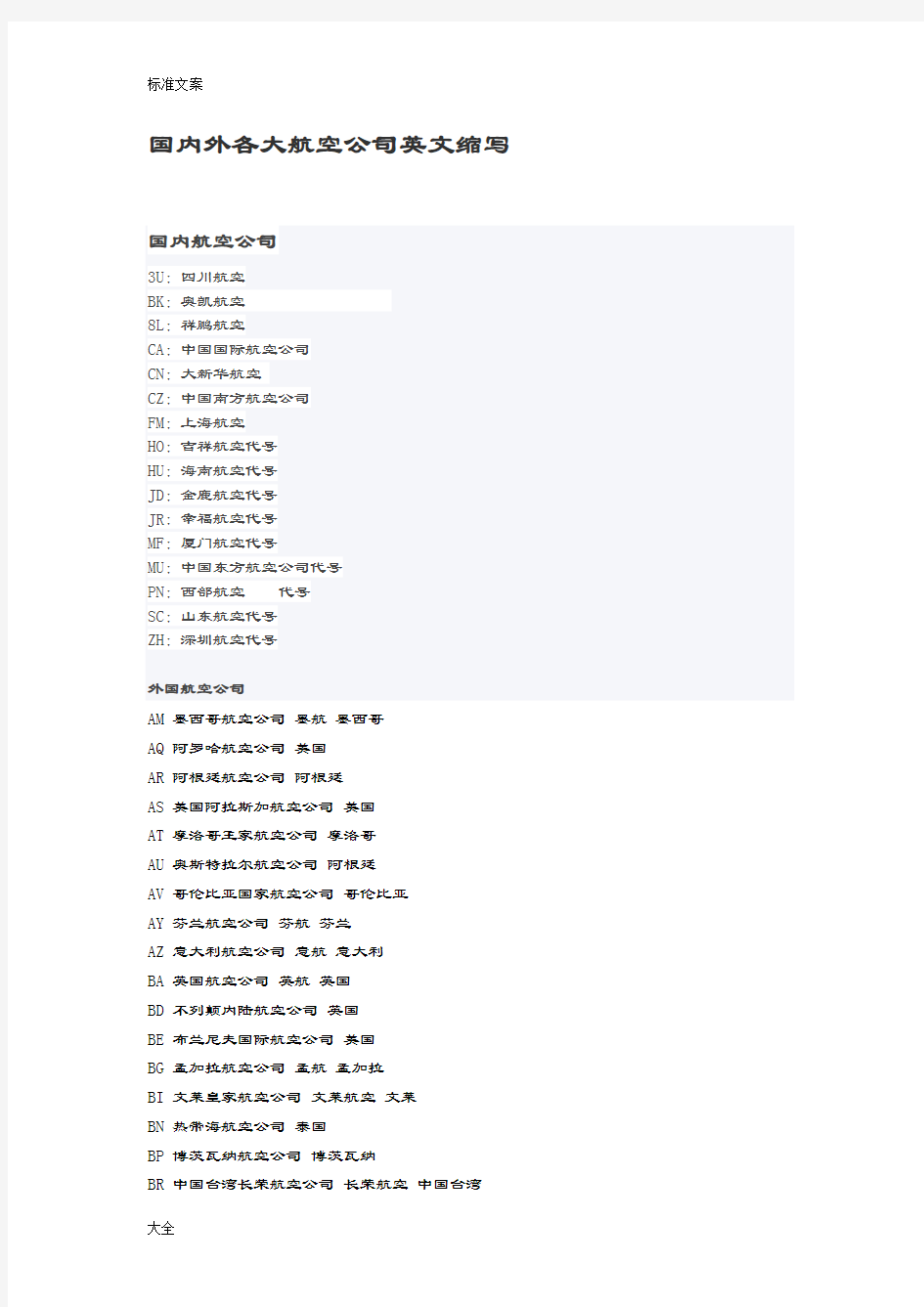 国内外各大航空公司管理系统英文缩写大全