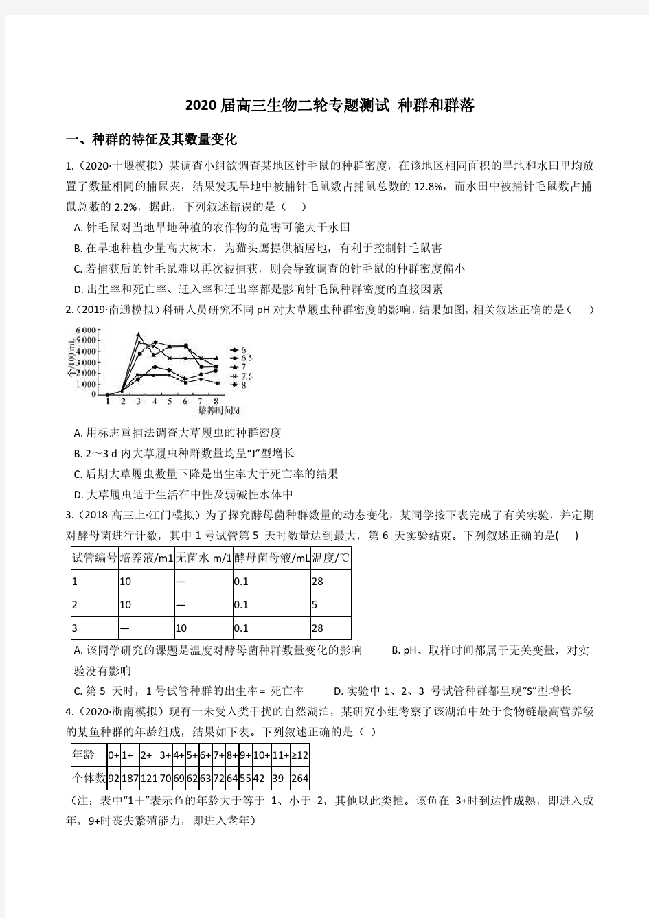 最新2020届高三生物二轮专题测试 种群和群落