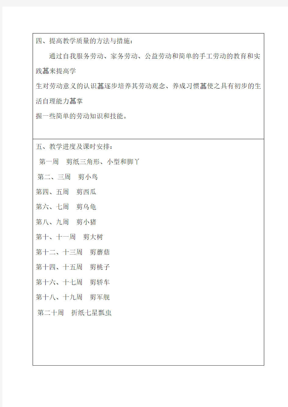 2017年一年级劳技教学计划