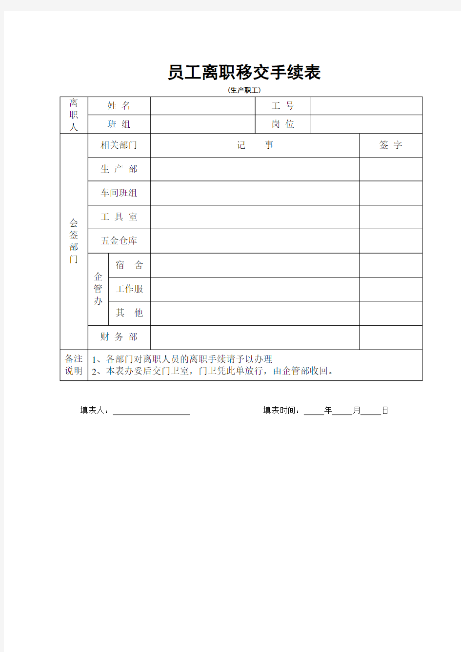 员工离职移交手续表