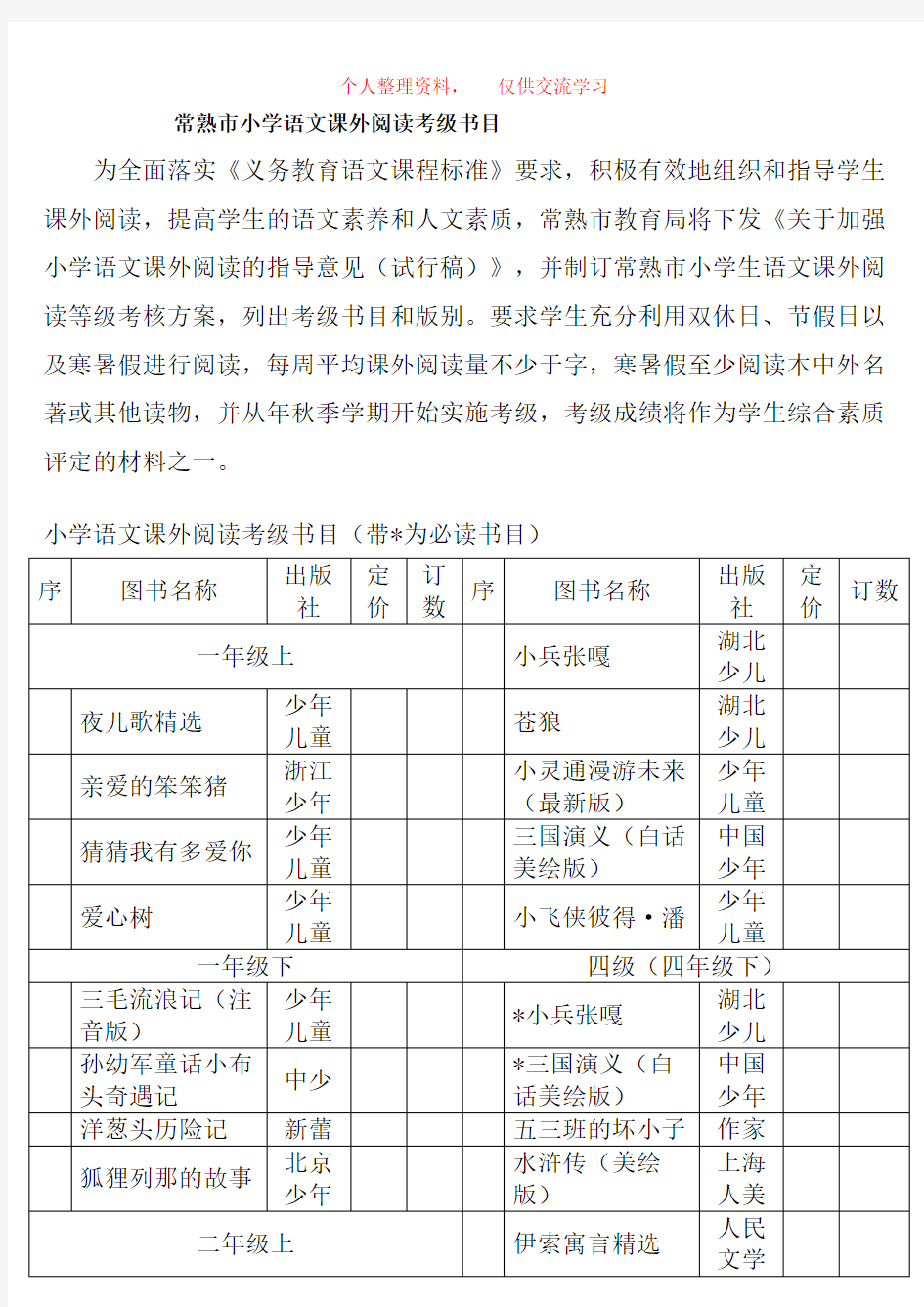 常熟市小学语文课外阅读考级书目